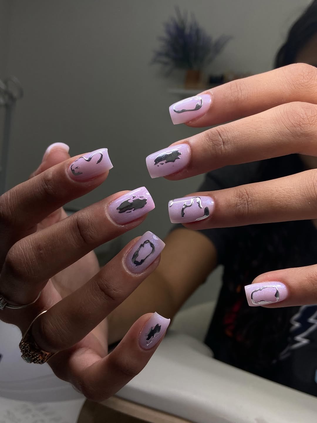 Lavender dry manicure with silver abstract art for a New Tampa client